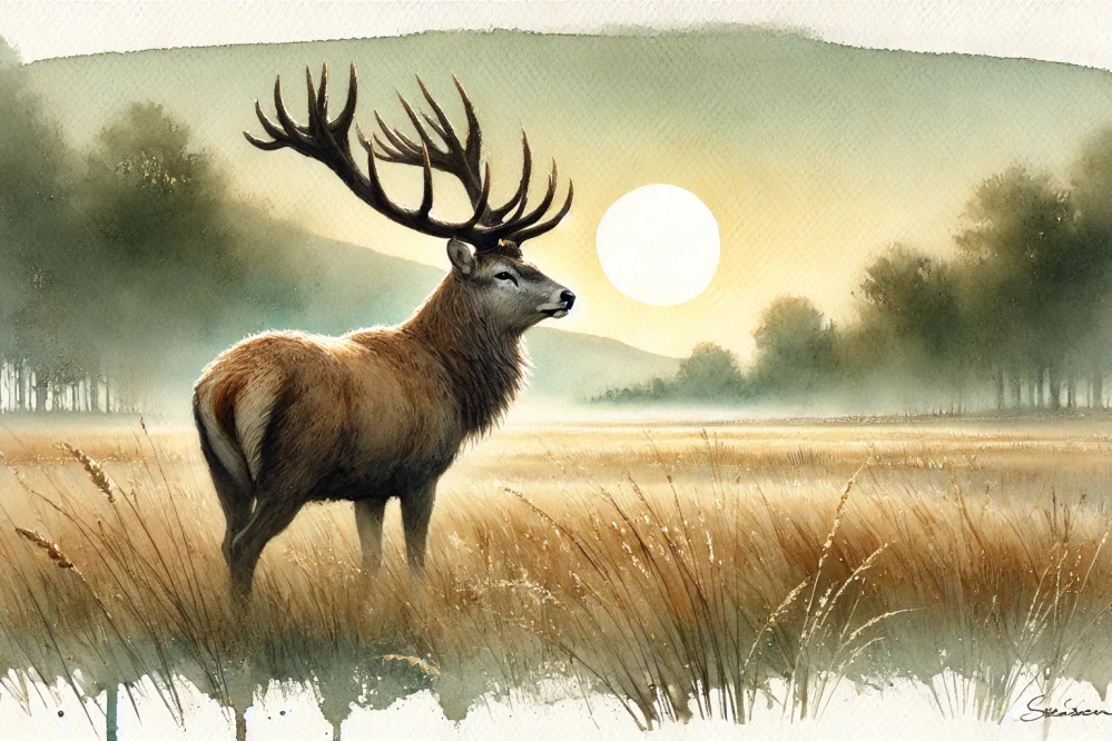 DALL·E 2024-09-17 10.44.43 – A serene watercolor painting of a majestic deer standing in an open field during the early morning. The deer has a beautifully detailed set of antlers Krachtdier hert