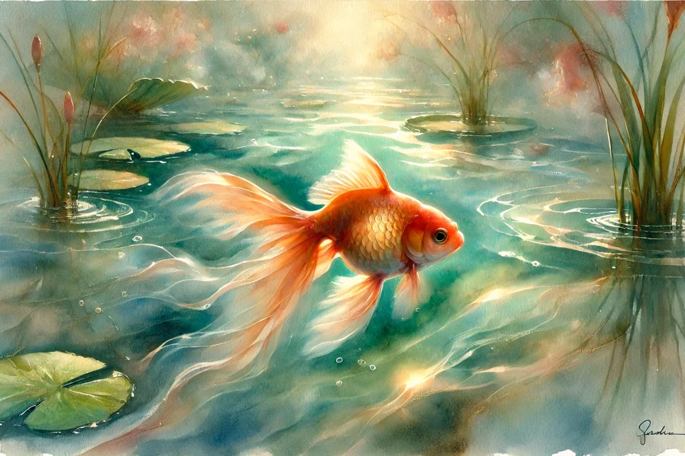 DALL·E 2024-09-30 13.10.12 – A serene watercolor painting of a pet goldfish swimming in a tranquil pond. The goldfish is central, its orange and gold scales depicted with soft, fl Kreachtdier goudvis